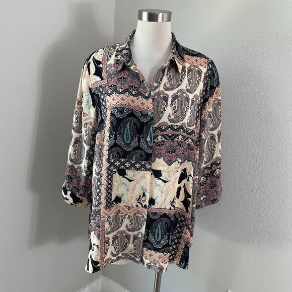 Rose + Olive Womens Plus 1X Boho Patterned Blouse 3/4 Sleeve Button Up Shirt Top - Picture 1 of 11